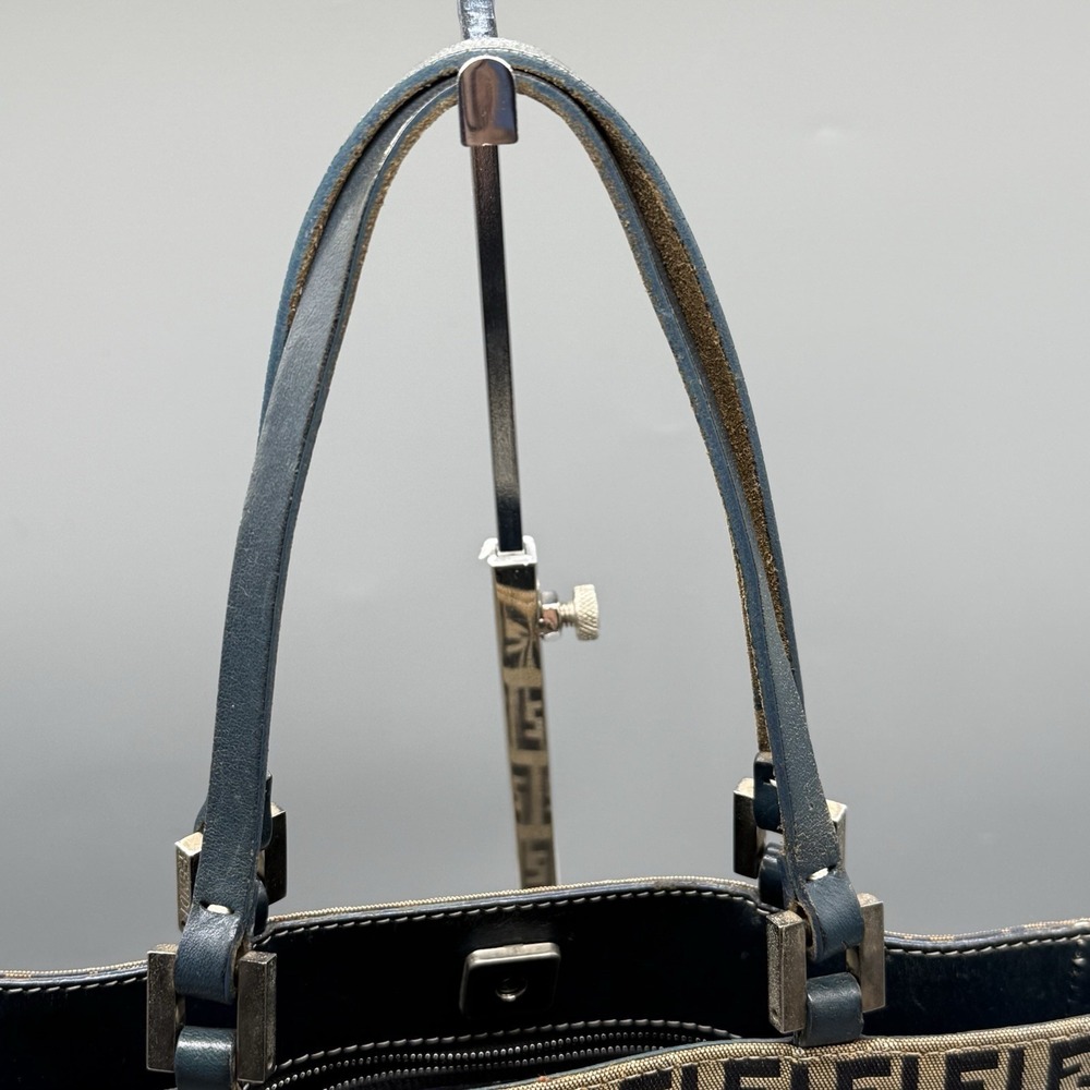 Fendi Zucca FF Monogram Tote Bag Blue Leather Trim Italy W/ COA & Dustbag Vtg - Picture 4 of 13